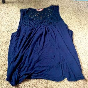 Navy Blue blouse with crotchet at the top, size is 1x, brand is SJS